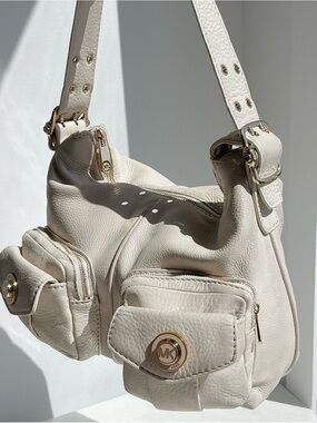 Michael Kors Cream White Pebbled Leather Double Pocket Satchel Shoulder Bag
